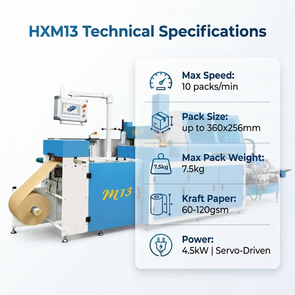 HXM13 Servo Driven Kraft Paper Wrapping Machine with 10 Packs Per Minute Max Speed