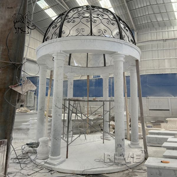 Marble Round Gazebo Waterproof Iron Dome Natural White Stone Pillar Pavilion Handcarved Large Outdoor Custom