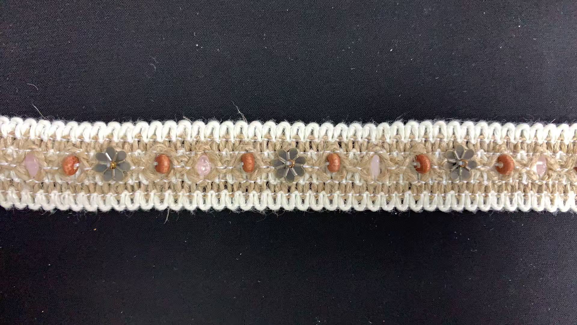 Bohemian Woven Jute Lace Trim, Wooden Bead & Metal Flower Embellished Decorative Tape