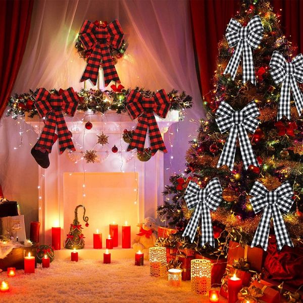 Large PVC Plastic Bow Christmas Wreath Bow for Xmas Decoration in Buffalo Plaid Check