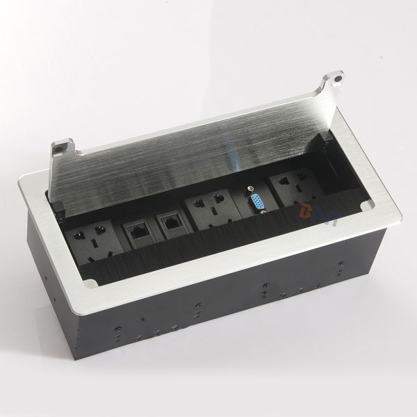 Table Hidden Manual Flip Up Desktop Outlets Box With Aluminum Alloy Panel Cover