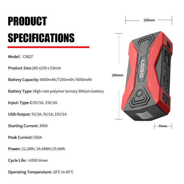 6000mAh 7200mAh 8000mAh Multi Functional Jump Starter Lithium Battery High Power Car Battery Jump Starter Smart Digital Portable Emergency Car Battery Jump Starter with LED Light, Warning Light & SOS