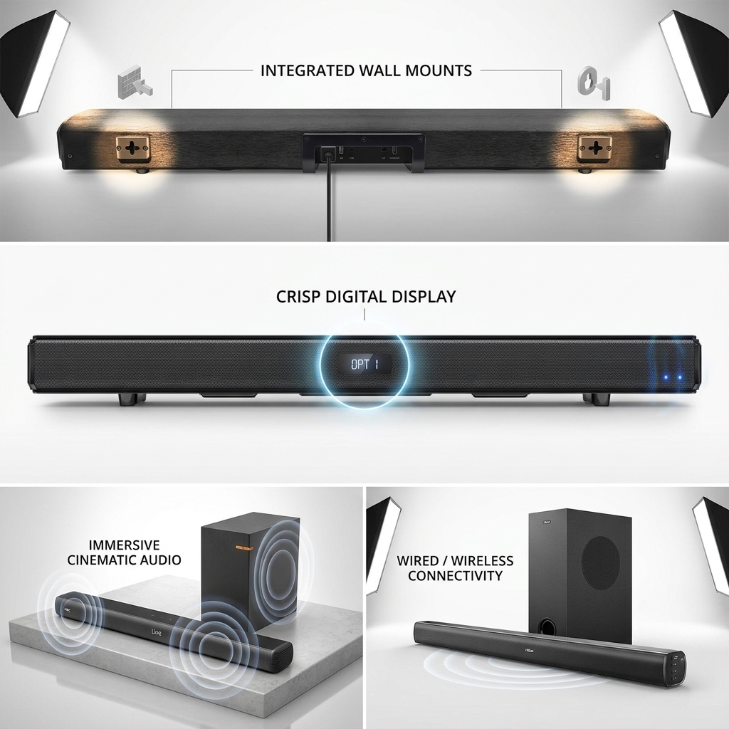 Wireless Soundbar Speaker ASW120-2.1U 100W Subwoofer Channel Surround Sound ARC HDMI