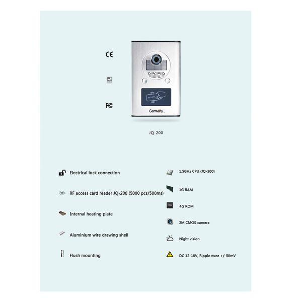 Android 4.0 TCP/IP Video Door Phone Doorbell Camera JQ-200 For Villa
