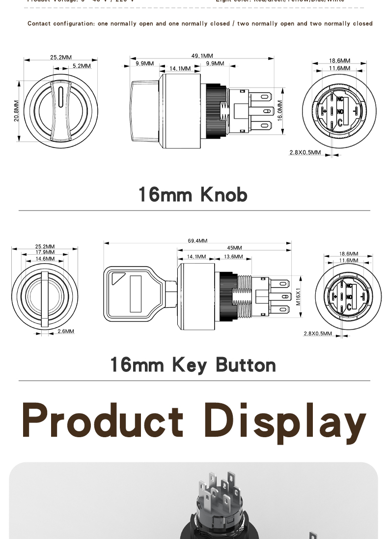 16/22mm LA22Y plastic illuminated push button switch, 2-speed/3-speed, self-reset/self-locking, 2 on 1 off, 2 on 2 off rotary switch