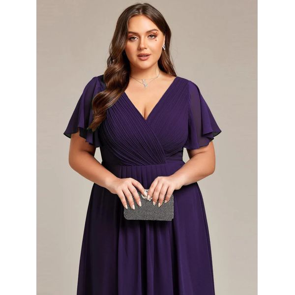 Chic V-neck High-low Short Flutter Sleeves A-line Ruffles Midi Invisible Zipper Dark Purple Chiffon  Cocktail Dress