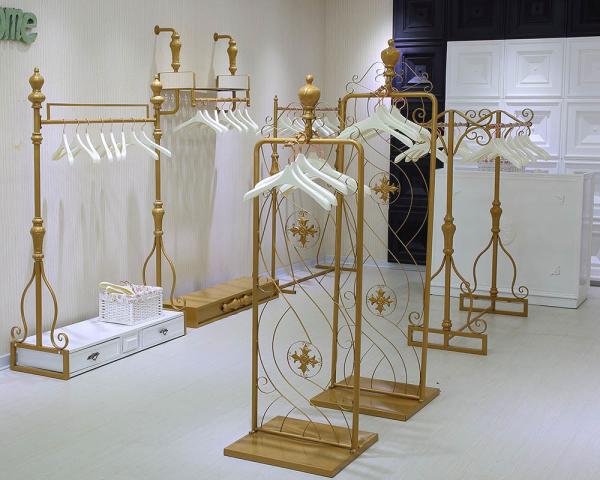 Women Clothing Store Shelves / Retail Clothing Display Systems Golden Color