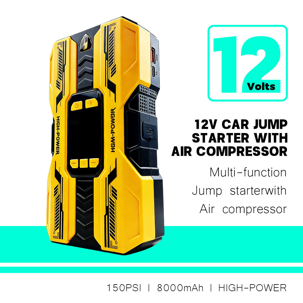 12V 600A Peak Current Jump Starter with 8000mAh Battery and 150PSI Air Compressor Portable Power Booster