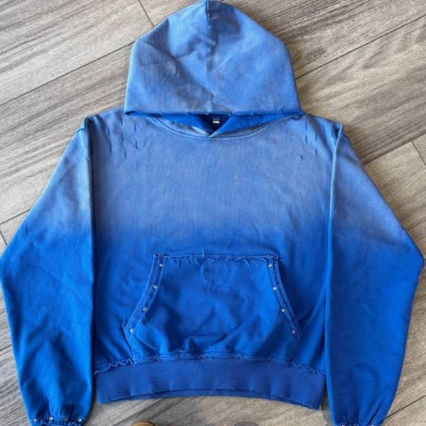 Heavyweight Retro Sweatshirt Solid Blue Drop Shoulder Acid Washed Boxy Fit Hoodies