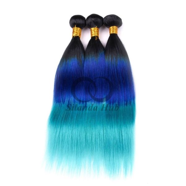 #T1B/Blue/Light Blue Straight Remy Human Hair Bundles Sew In Weave Bundles Brazilian Bundle Deals