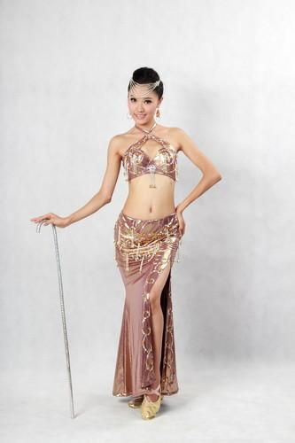 Sexy Brown Halter Neck Metallic Floor Length Bras & Skirt for Women Belly Dancing Clothes