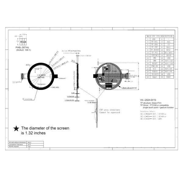 1.32  Inch Round AMOLED Panel 466X466  Dots  SPI/QSPI/MIPI  Interface  brightness 600c/d
