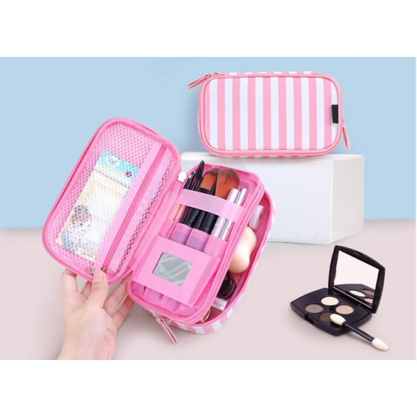 Small portable PU cosmetic box Korean girl stripe cute makeup storage multi-functional toiletries bags