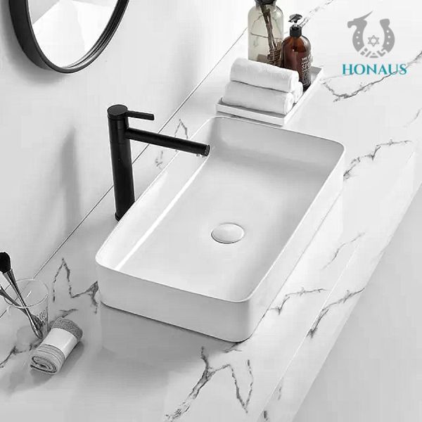 Elegant White Bathroom Countertop Basin Rectangle Simple Design 610×340×110mm