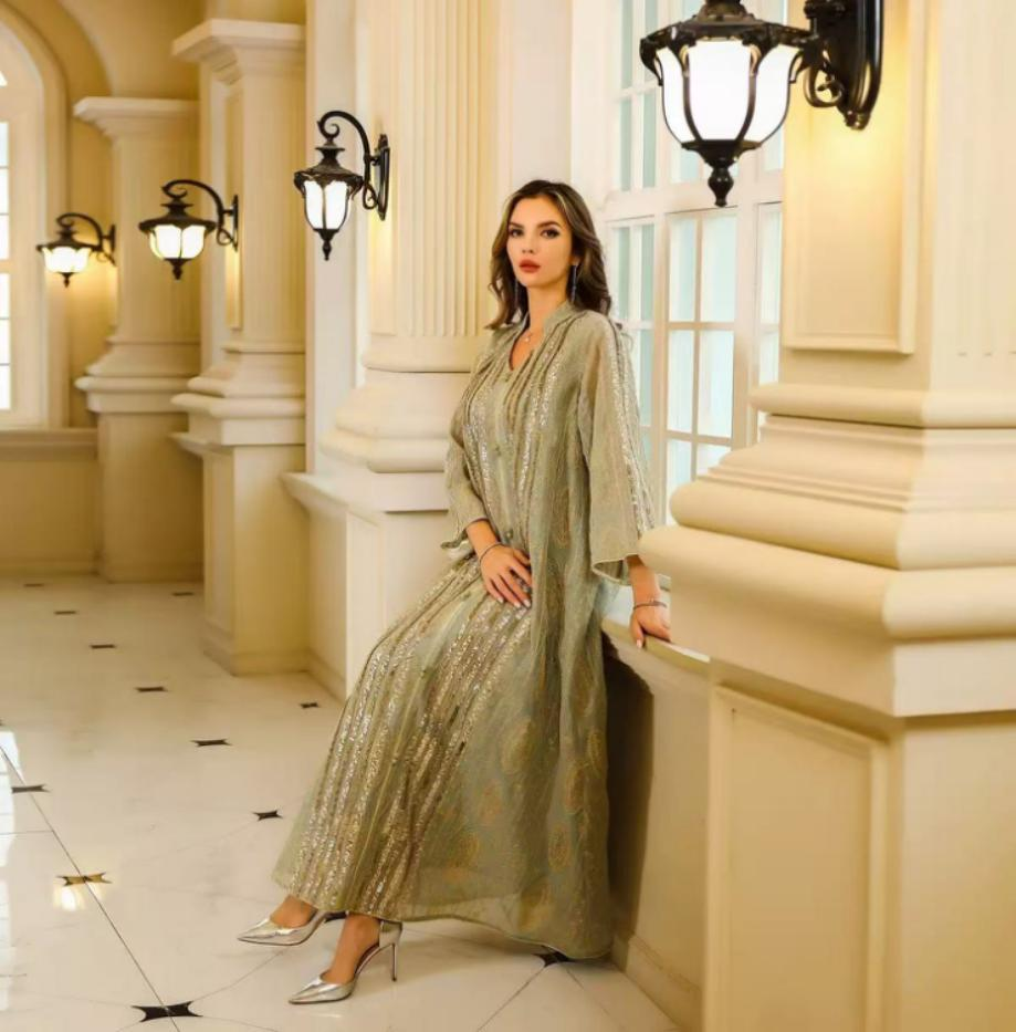 SMT050  Middle Eastern Modest Wear Blush Pink Jacquard Gold Embellished Maxi Robe