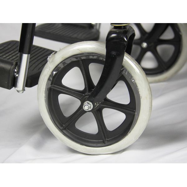 Low Price Basis Black Coating Steel Frame Folding Steel Wheelchair With Solid Wheel Fixed Armrest And Footrest