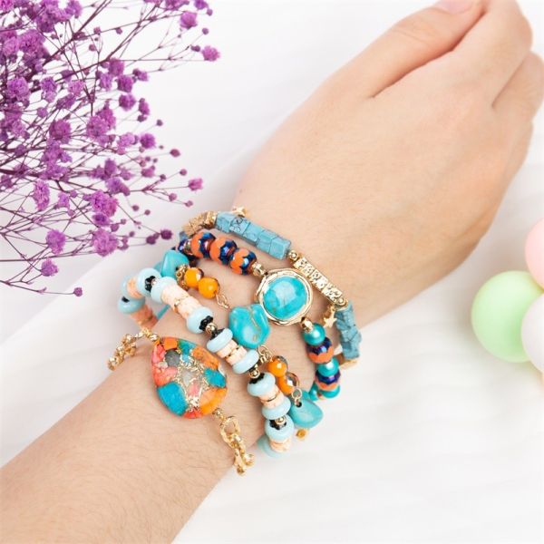 Elástico frisado de pedra natural do bracelete de turquesa da borda do ouro personalizado para mulheres