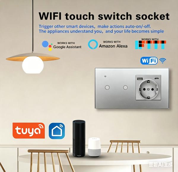 Voice Control Smart Switch and Socket with Glass Panel and Round Mounting Box for Smart Home Integration