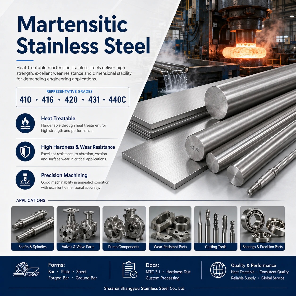 Martensitic Stainless Steel Grades, Heat Treatment, Hardness & Supply