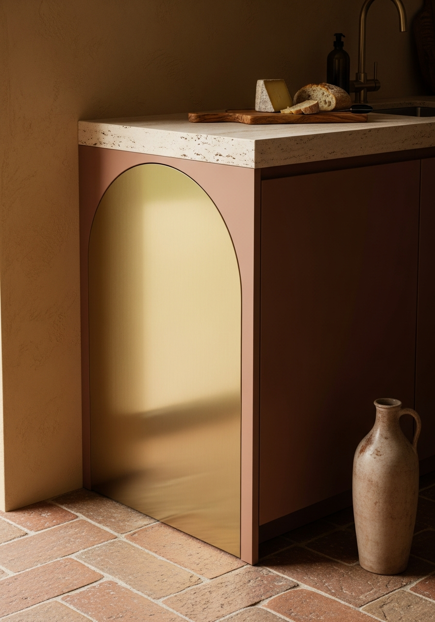 Arched Mediterranean Entry Door with Travertine Inlay - 304 Stainless Steel