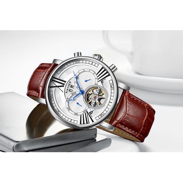 Brown Genuine Leather Luxury White Dial Automatic Movement Mens Waterproof Automatic Mechanical Watch