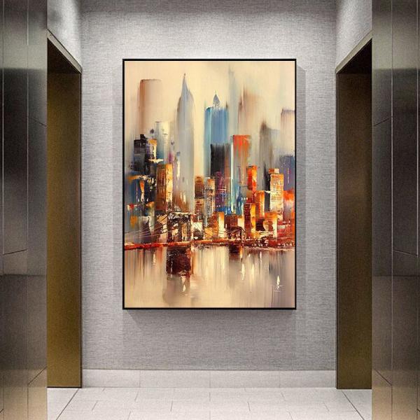Home Decor Canvas Frame Hand Painted Wall Art Modern City Landscape Artwork Canvas Oil Paintings Abstract
