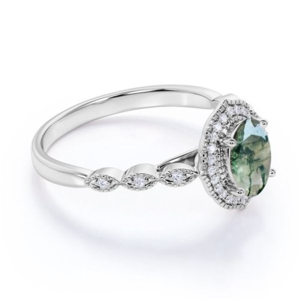 Овал венчика Prong отрезал Milky белый ветвеобразный зеленый агат и обручальное кольцо дизайна Moissanite Miligreen античное