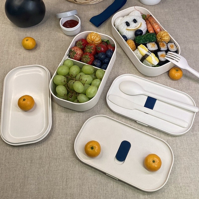 Double Layer Lunch Box with Spoon Microwave Safe Food Container 189.5*105*113 mm
