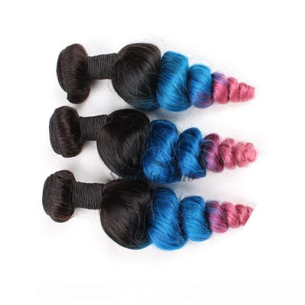#T1B/Blue/Pink Loose Wave Remy Human Hair Bundles Sew In Weave Bundles Brazilian Bundle Deals