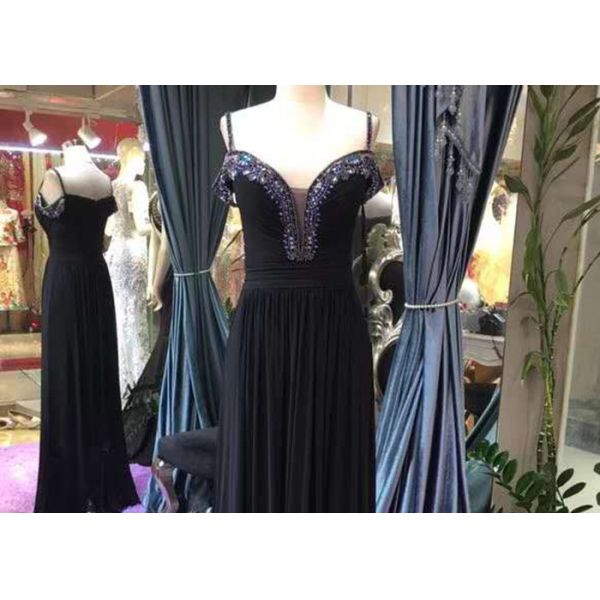 Sling Black A Line Prom Dress Deep V Neck Sweetheart Blue Beading Stretch Fabric