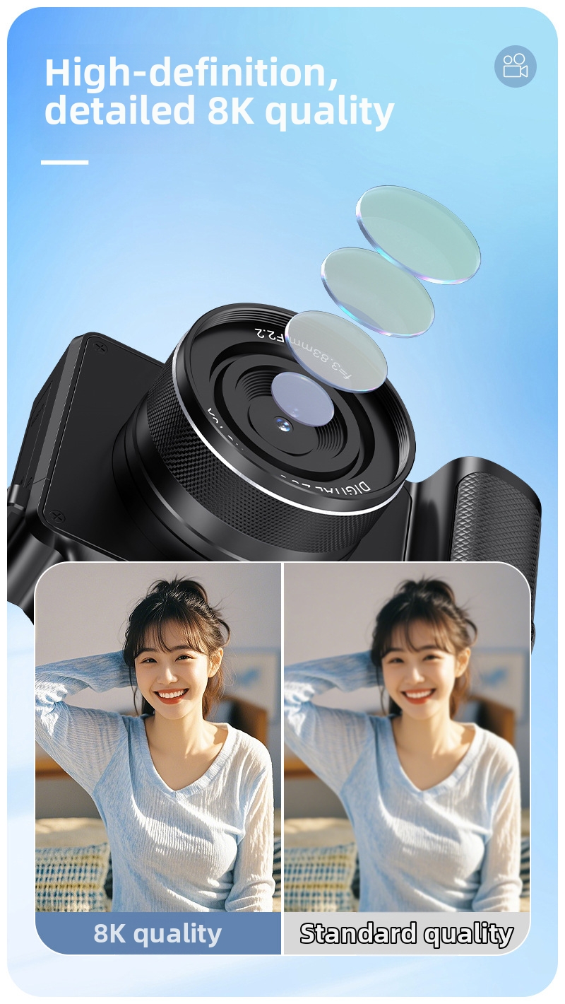 New 8K Student Beauty Camera with Dual Lens Wifi Transfer 8 Filter Modes 18X Zoom Anti Shake and 8 Filter Modes for Daily Vlog