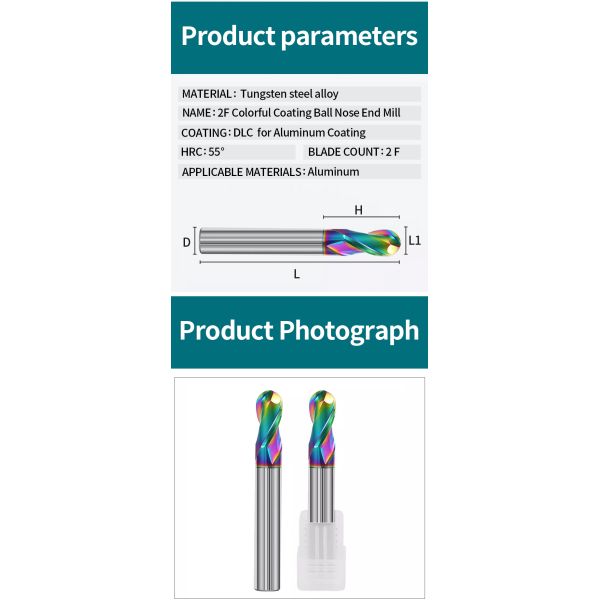 YingBa 4MM 6MM 8MM 2F Carbide Colorful Coating Ball Nose End Mill for Aluminum