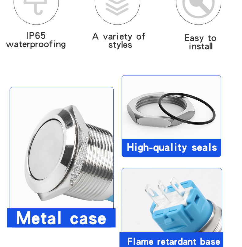 16mm Metal Push Button Switch with Silver and Black Casing Self Locking and Self Resetting Without Light High Head Flat Head