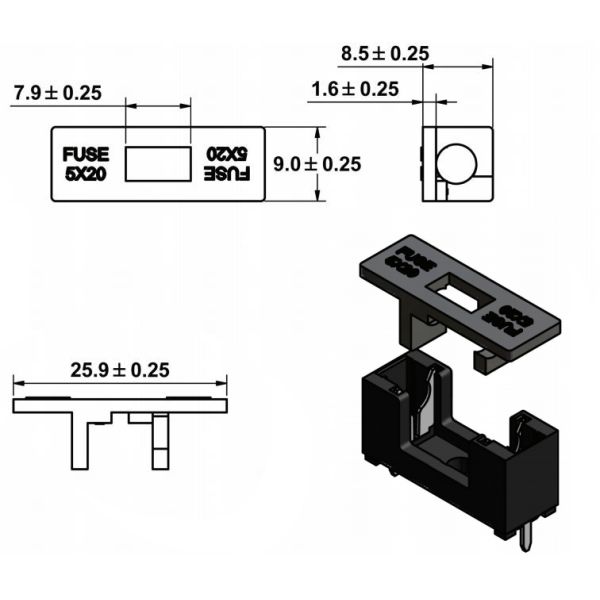 Тип держатель держателя PCB MF563 припоя патрона предохранителя 5mmX20mm 10A 250V 23mm