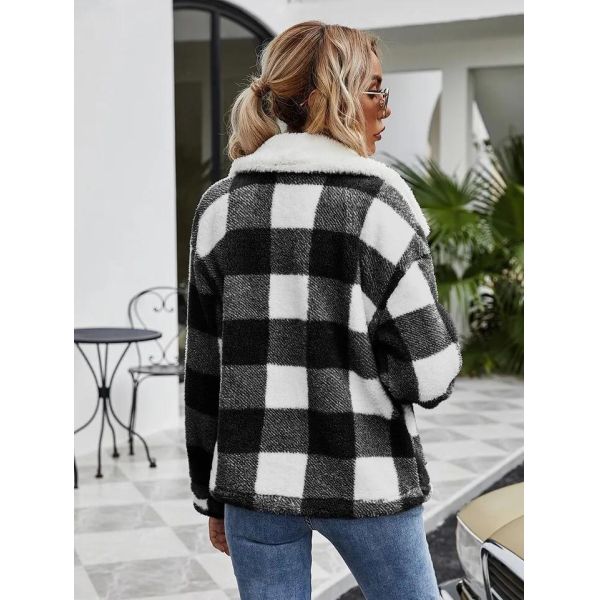                  Fashion Fleece Zipper Womens Coats Plaid Flannel Jacket Luxury Coat Casual Winter Stylish             