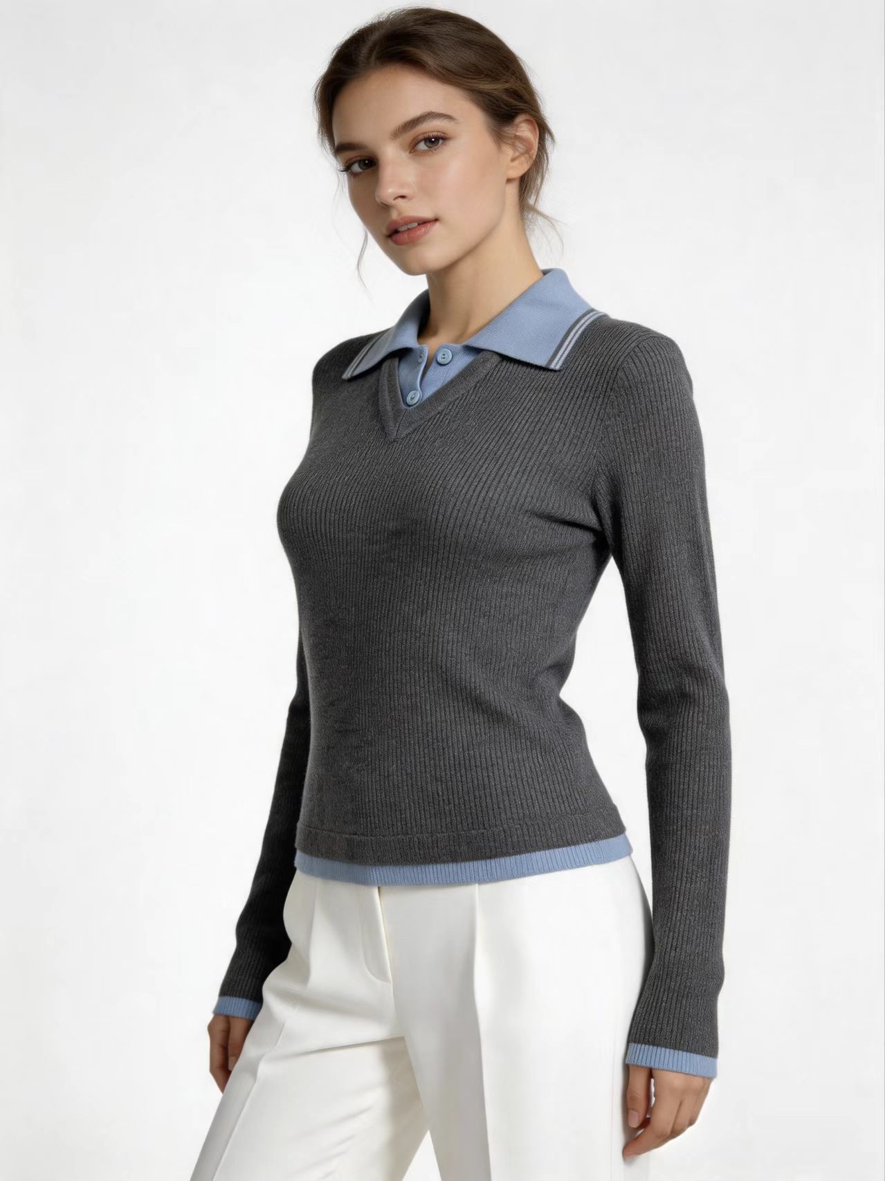 Women's 14G Computer Knitted Knit Top - Wrinkle-resistant Pullover with Collared Button Detail