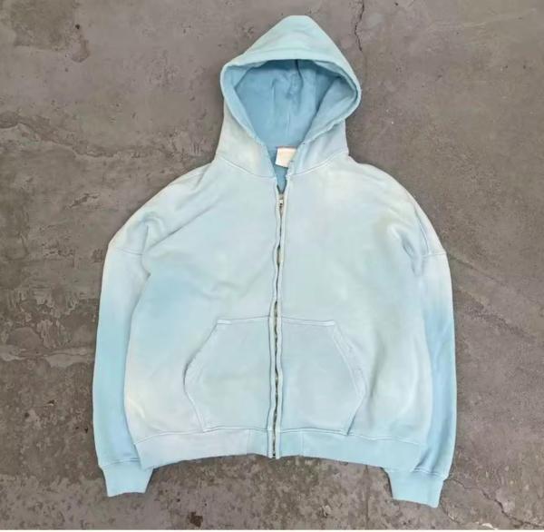 Custom Acid Wash Hoodie Zip Up Men Boxy 400gms 500gsm Heavyweight Sun Faded Distressed Aged Baby Blue