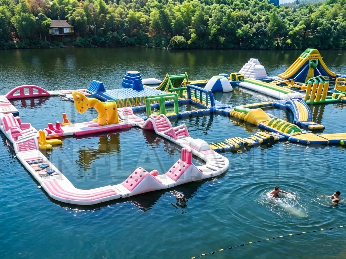 Custom Modular Inflatable Water Park with Colorful Slides Climbing Walls Balance Bridges and Floating Activity Zones for Lakes Resorts Camps and Commercial Projects