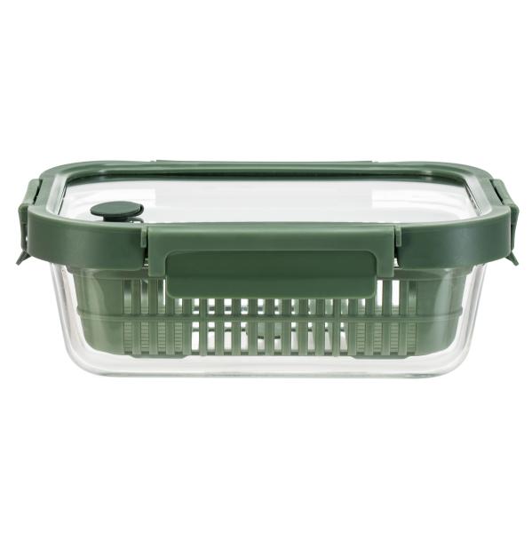 Stackable Airtight Glass Food Container With Vented Glass Lid And Removable Drain Basket