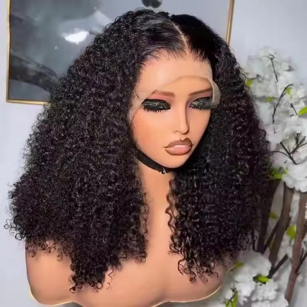 Natural Black Short Cut Bob Kinky Curly 13X4 Deep Lace Front Wig Preplucked Glueless
