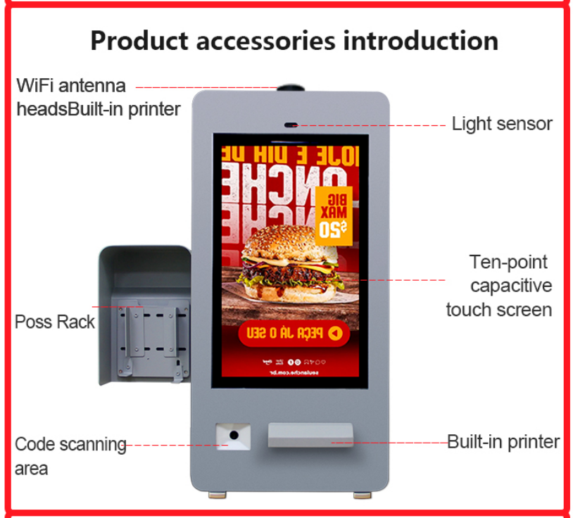 21.5 pouces de camion de nourriture en plein air, remorque, kiosque en libre-service avec ventilateur, caméra 5MP
