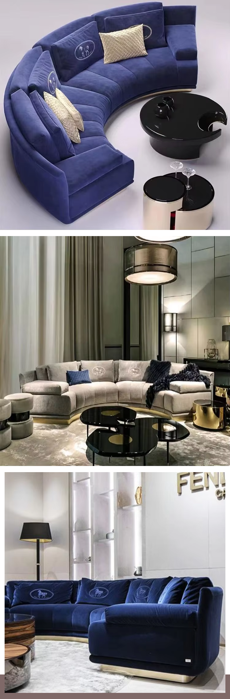 Latest Popular Modern Designs Living Room Metal Base White Fabric Sofa Velvet Couch Lobby Curved Sofas
