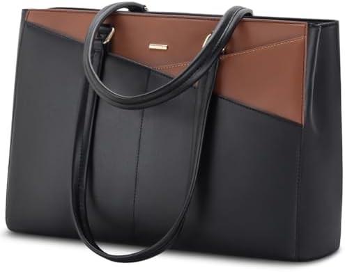 LAPTOP TOTE BAG FOR WOMEN 15.6 INCH WATERPROOF LEATHER COMPUTER BAGS BUSINESS OFFICE WORK BRIEFCASE BLACK
