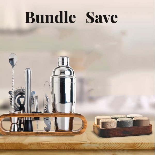 Minimalist Design 10 in 1 Stainless Steel Cocktail Shaker Set with Wooden Stand 750ml