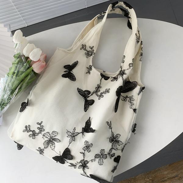 EMBROIDERY BLACK BUTTERFLY CANVAS BAG LACE FAIRY LEISURE TRAVEL FEMALE BAG ART LARGE CAPACITY HUNDRED