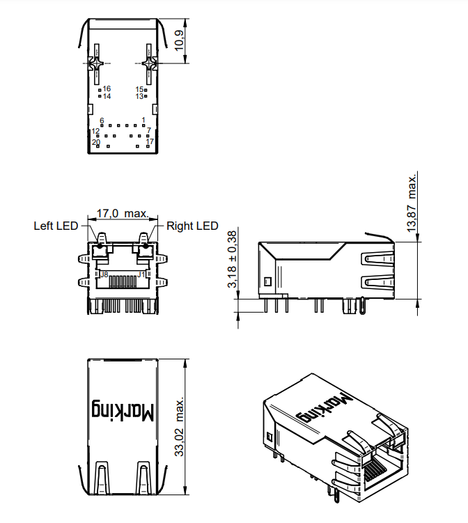Conector SMD PoE Tab up RJ45 com estrangulamento de modo comum 7499711421