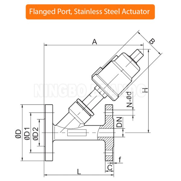 Flange Dimension 2-logo DN20 PN16 Пневматическое фланцевое угловое сиденье поршневый клапан двойного действия обычно закрыт