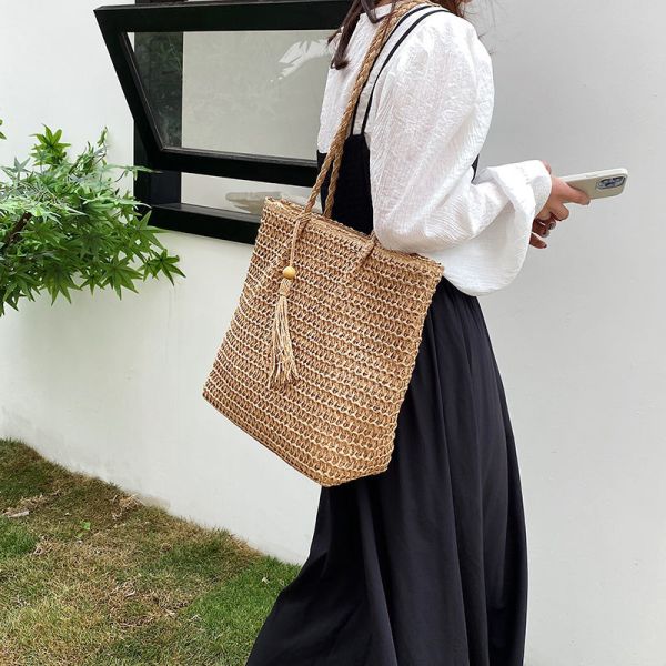 Straw Bag for Women Woven Beach Structured Tote Handmade Crochet Carteras De Mujer Summer Shoulder Bohemian