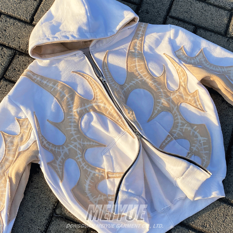 3D Distressed Applique Embroidery Hoodie Cropped Mens Hoodies Jacket Anti Wrinkle