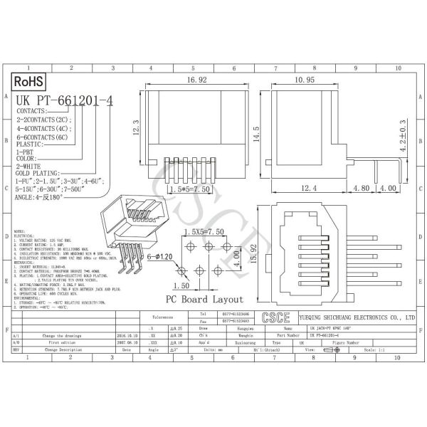 PT 6P6C 180 Degree RJ11  PCB Mount Jack 6P6C Phosphor Bronze Material
